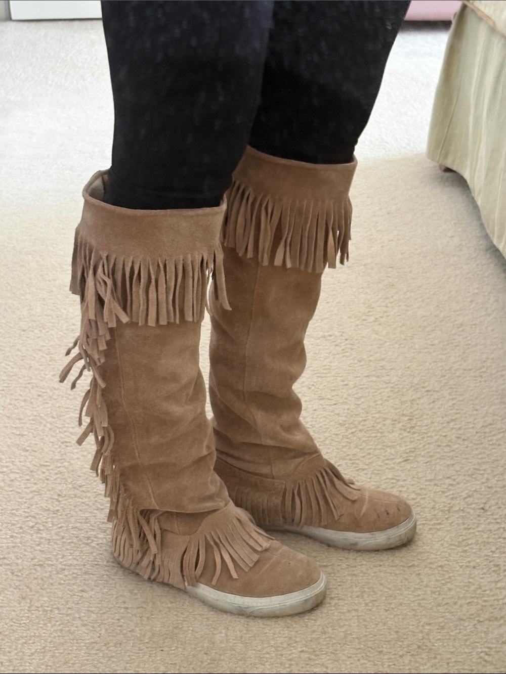 Jeffrey Campbell Tan Suede Fringe Knee-High Boots